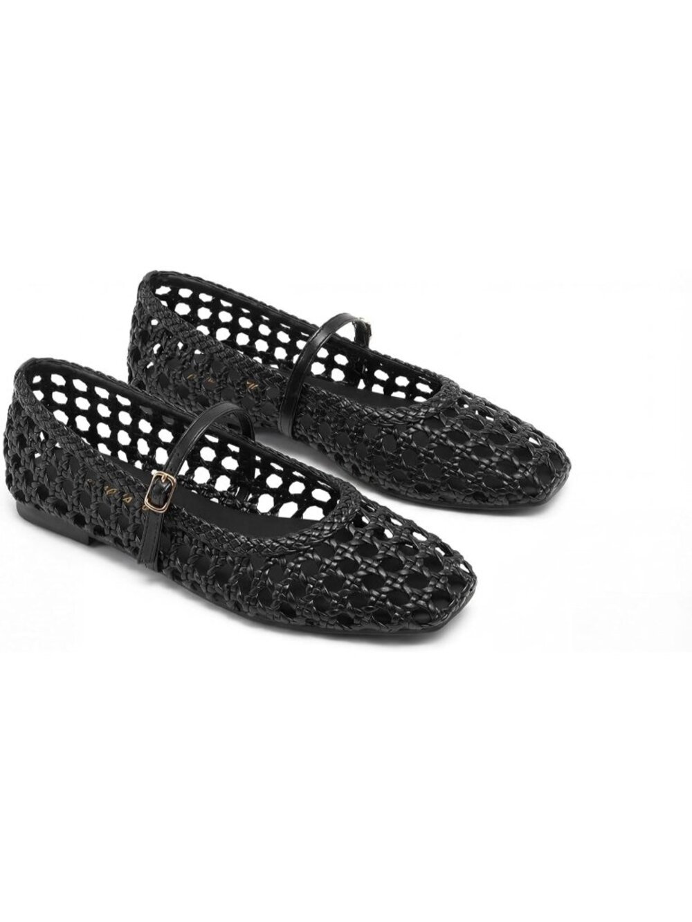 Women's Woven Mesh Ballet Flats Black Square Toe Mary Jane Dressy Shoes - Picture 4 of 6